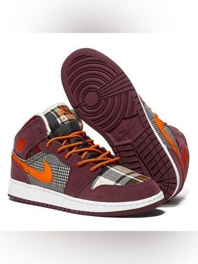 Jordan 1 Mid SE Plaid "Night Maroon/Total Orange/Black/White" Shoes Sneakers